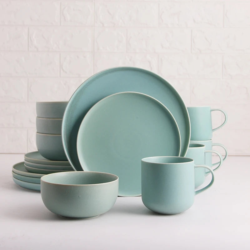Green Matte 16 Pieces Tea Coffee Pot Cup Sets with Dessert Plates Main Dish Bowl Mug Table Sets Dinnerware Set of Deep Plates