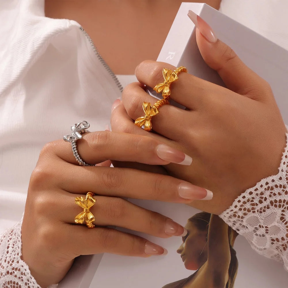 Minimalist Ins Waterproof and Hypoallergenic 18K Gold-Plated Stainless Steel Bow Ring for Women's Engagement or Party