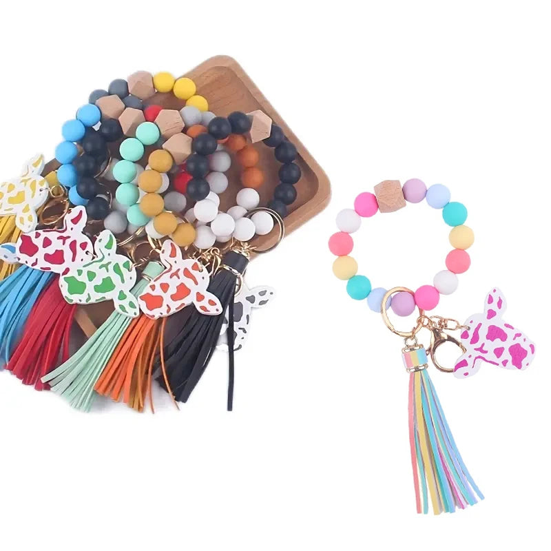 Silicone Beaded Bracelets Keychain for Women Cute Boho Tassel Car Wristlet Bangle Keyring with Wooden Cow Pendant