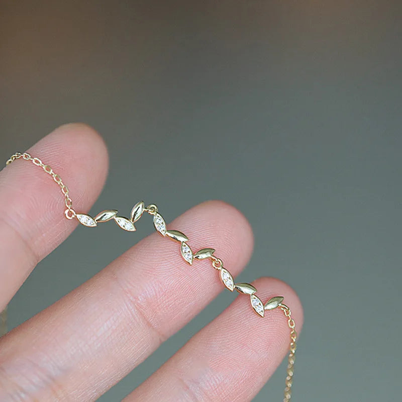 Trendy INS Fashion Pure 925 Sterling Silver Delicate Zircon Leaf Shaped Bracelets for Women Girls Jewelry
