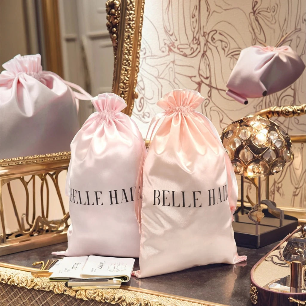 Custom Logo Large Satin Drawstring Pouch for Hair Bundles Lash Wig Jewelry Gift Packing Satin Silk Draw String Textile Packaging