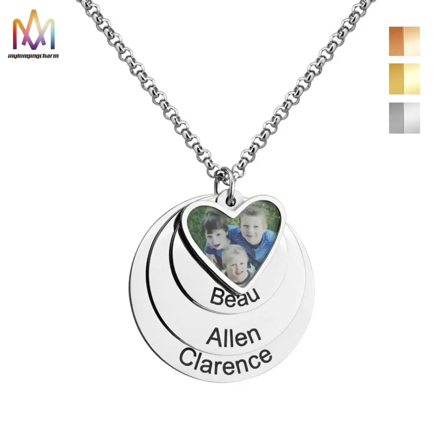 New Arrival Custom Photo Necklace Peach Heart Style with Engraved Name Plate Three Circles Stainless Steel Trendy Jewelry