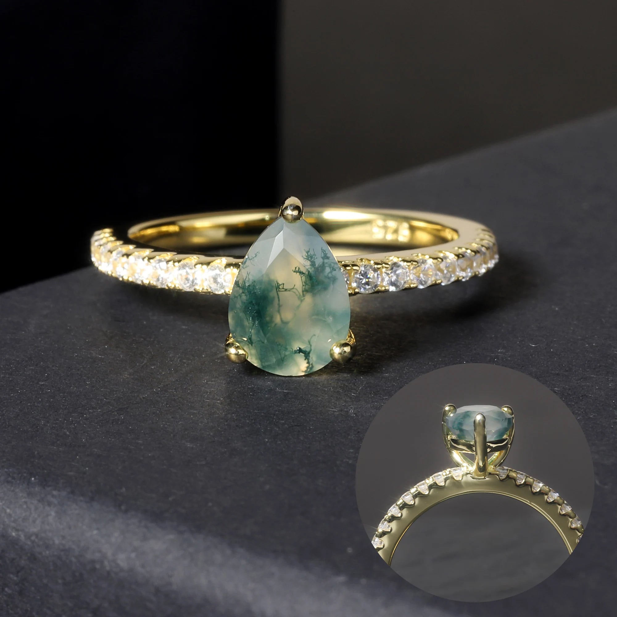 KH067 Abiding Jewelry China Factory Women 14K Gold Plating 925 Sterling Silver Pear Cut 6X8mm Moss Agate Ring