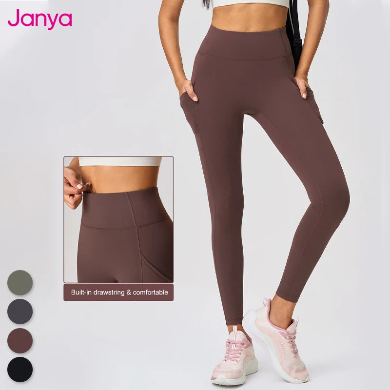 Janya Women's Sports Leggings Elastic Waist Breathable Two Side Pockets Solid High Waist Yoga Tight Pants for Gym Fitness Tummy