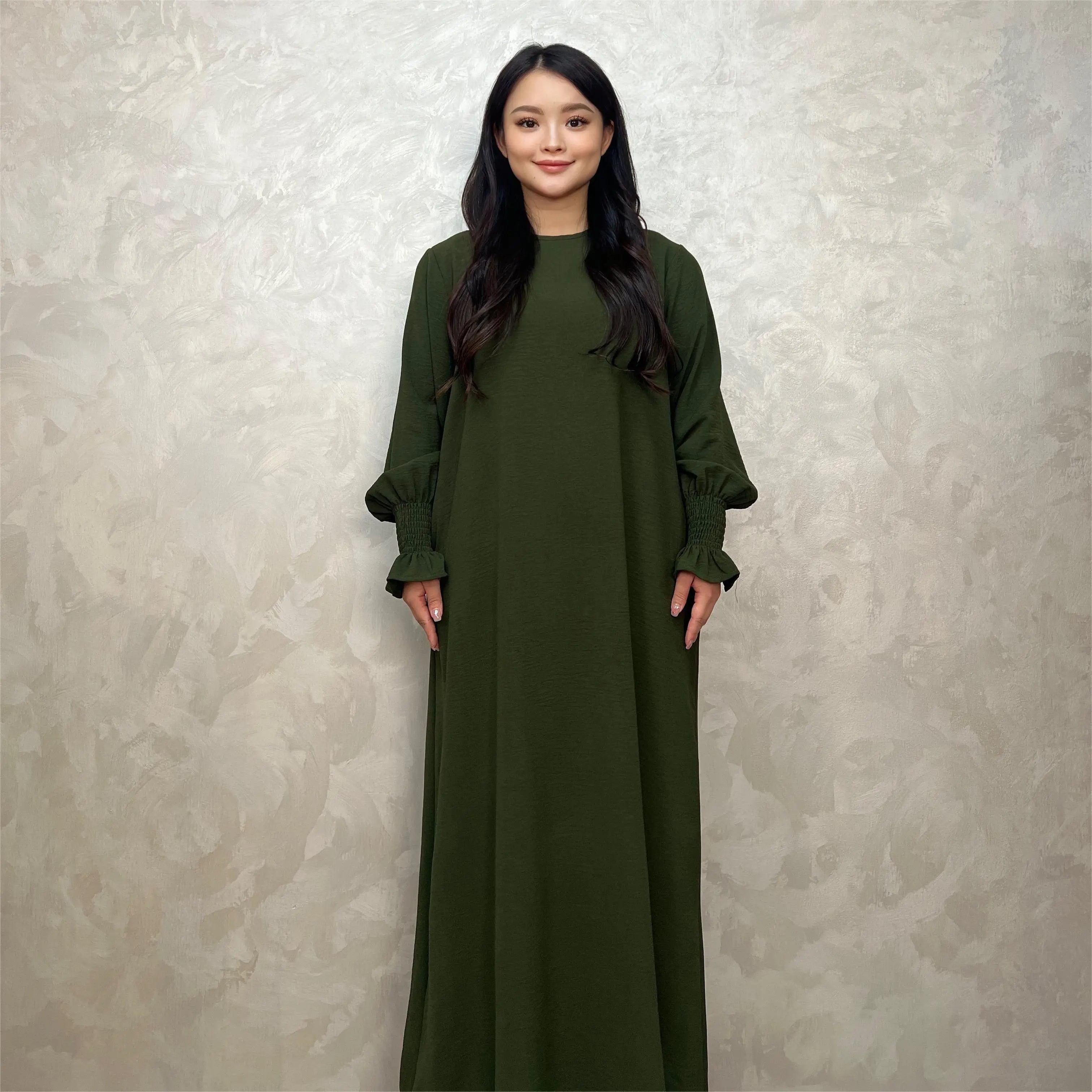 LM008 Crepe Slip Abaya Dress Flounce Sleeves with Pockets Zipper Ironless Longsleeves Summer Dress 2024 Prayer Dress Modest