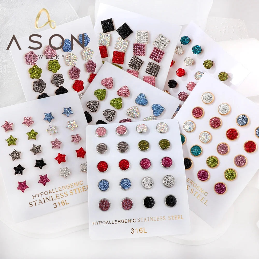 Ason Simple Waterproof Stainless Steel Stud Earrings Pentagram Square Round Plum Blossom Heart Zircon Stud Earrings