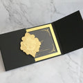 Black and Gold Gate Fold Hardcover Acrylic Wedding Invites with Monogram