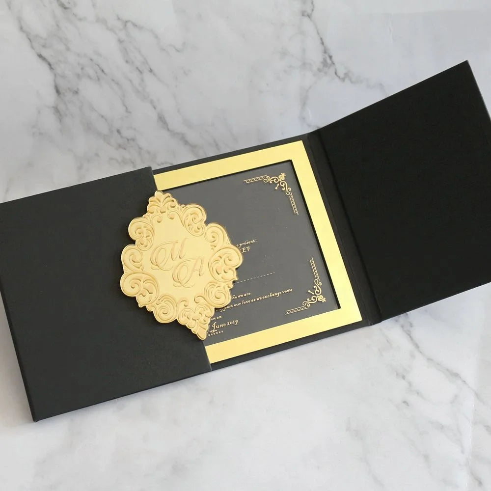 Black and Gold Gate Fold Hardcover Acrylic Wedding Invites with Monogram