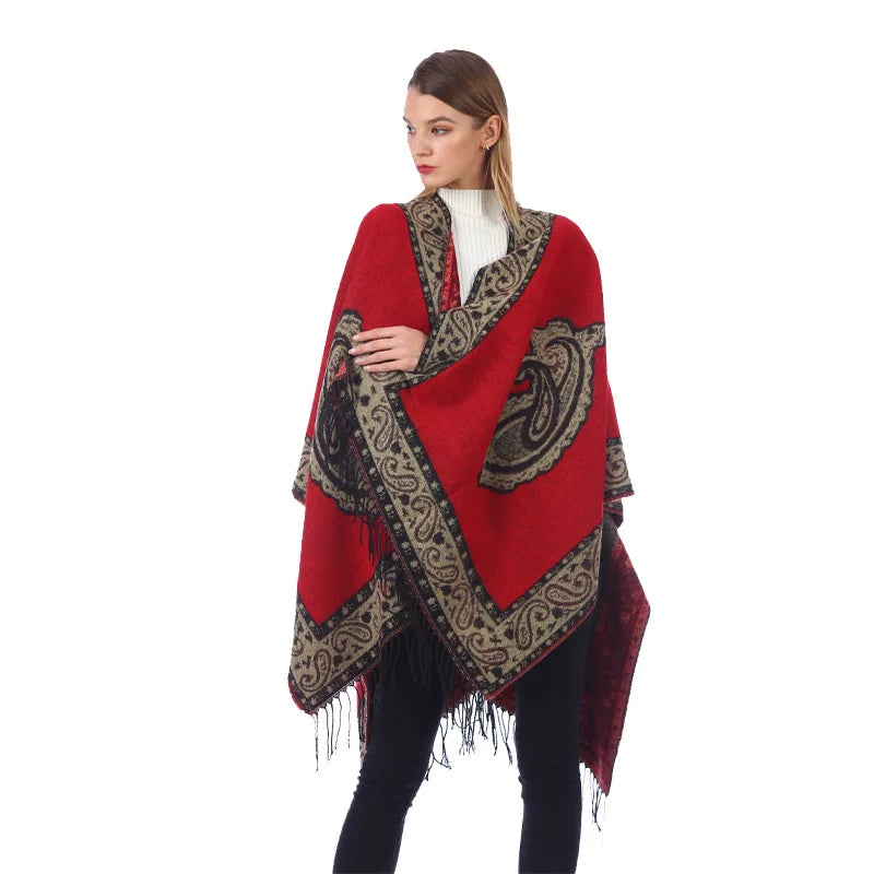Women's Fashionable Retro Cashmere Vintage Paisley Tassel Poncho Shawl Cape