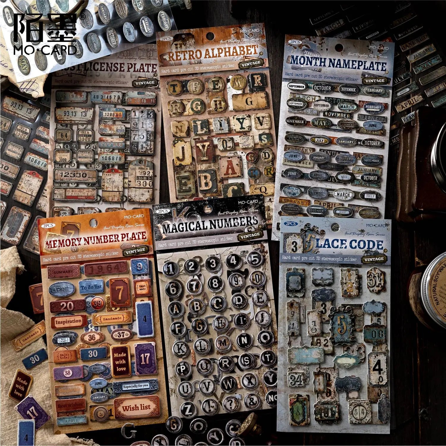 2 Sheets Per Package Die-cut Row of Waste 3D Stereoscopic Stickers Font Showroom Series Retro Mottled DIY Stickers
