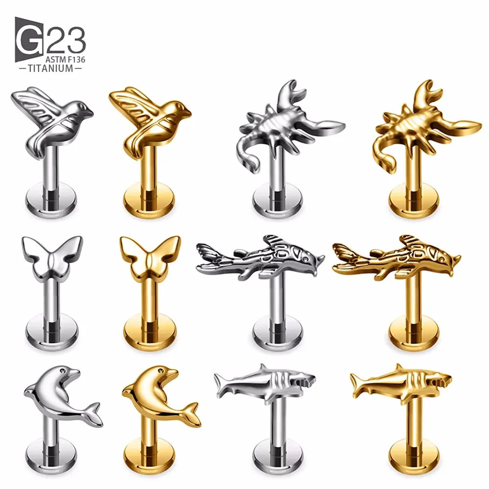 G23 Titanium Koi Fish Bird Cartilage Earring Set 16G Tiny Tragus Stud Helix Conch Flatback Piercing Animal Body Children Opal