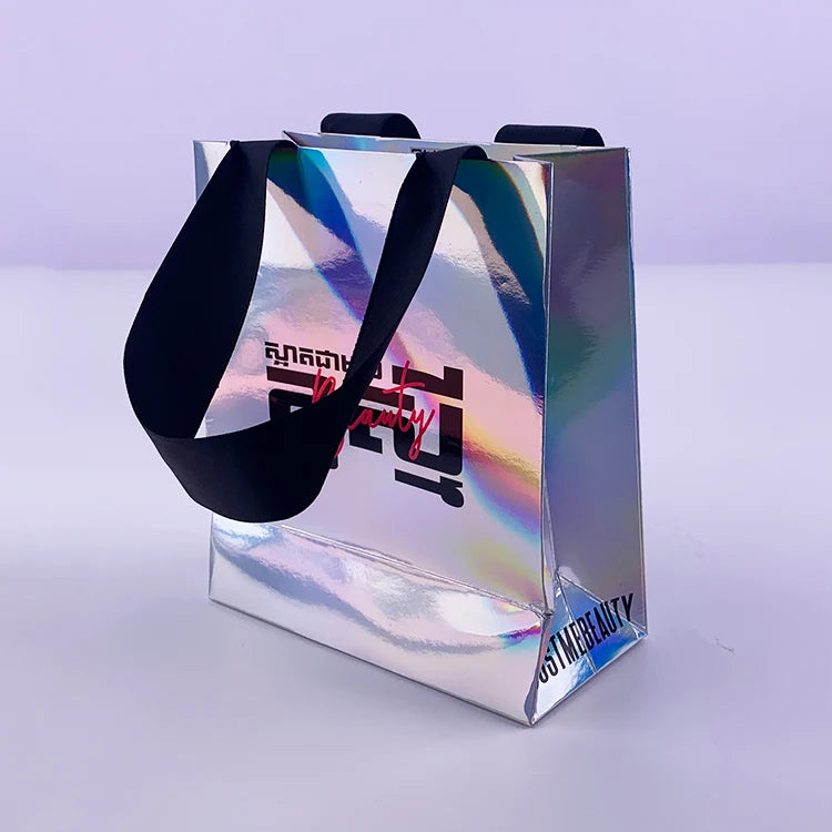 Printing Logo Hologram Holographic Laser Color Make up Makeup Tissue Gift Shopping Tote Paper Bag for Cosmetic Packaging