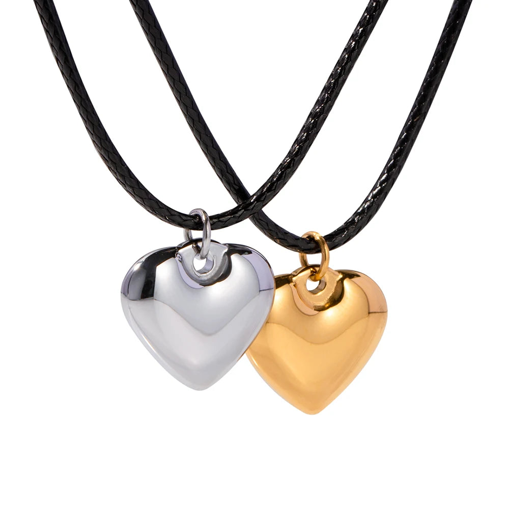 J&D 18K Gold Plated Black Wax Rope String Stainless Steel Chunky Heart Pendant Luxury Necklace for Women