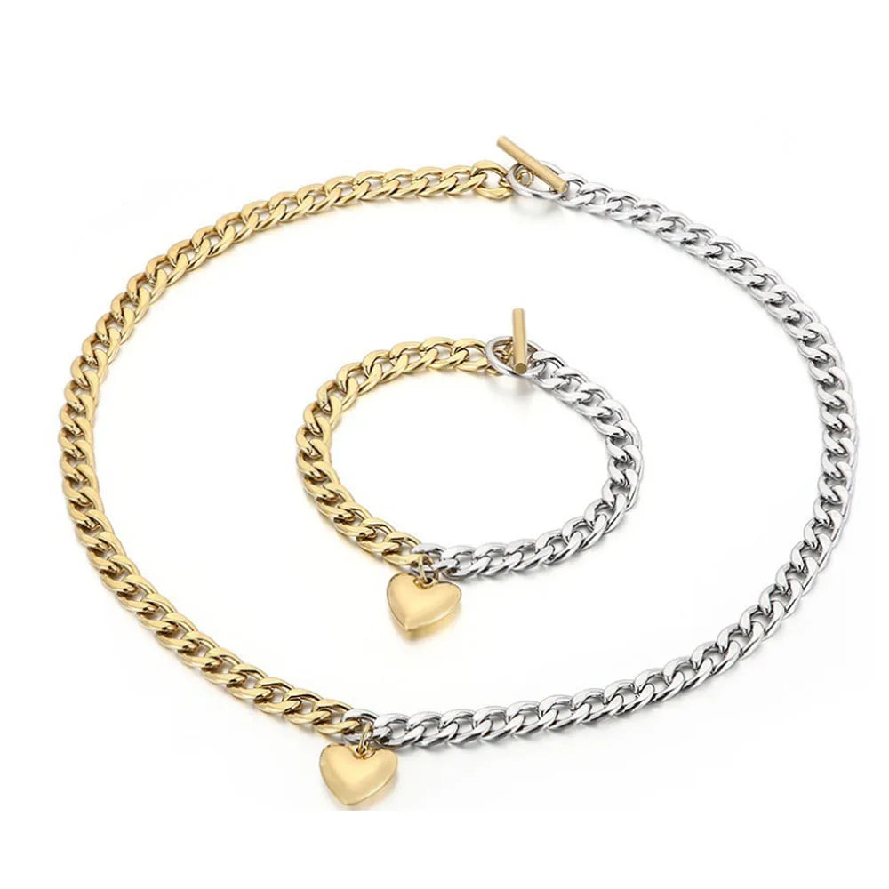 Waterproof 18k Gold Plated Miami Cuban Chain Link 8mm Half Gold Half Silver Necklace Bracelet Set With Heart Pendant Jewelry