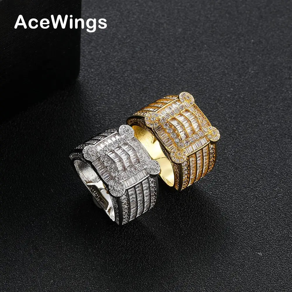 R066 Gold Plated Brass Hip Hop Inlay Cluster Cubic Zircon Rings for Men Party Engagement Gift