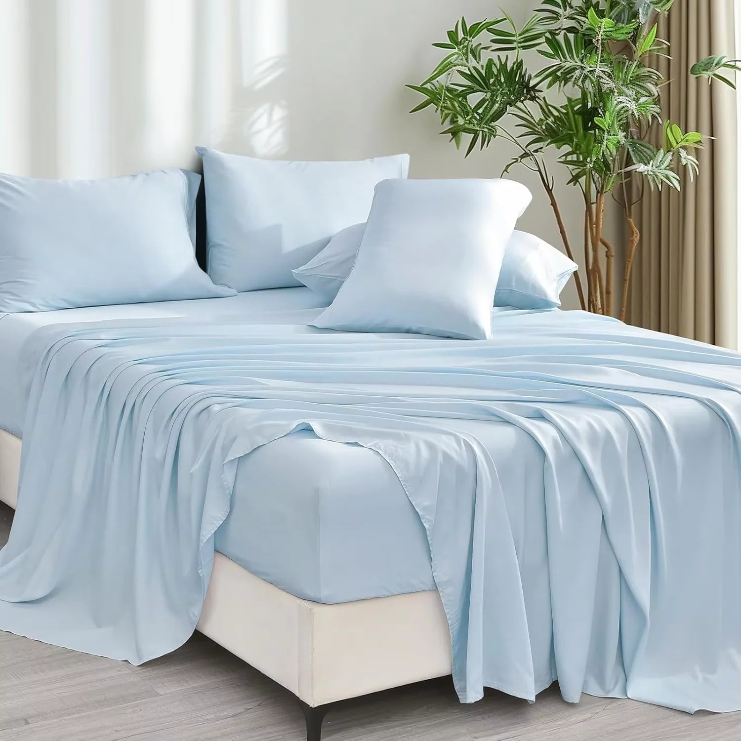 Luxurious Smooth Bedding Set Cooling Breathable Durable 100% Bamboo Fabric 6-Piece Bed Sheets with 4 Pillowcases for Home Hotel
