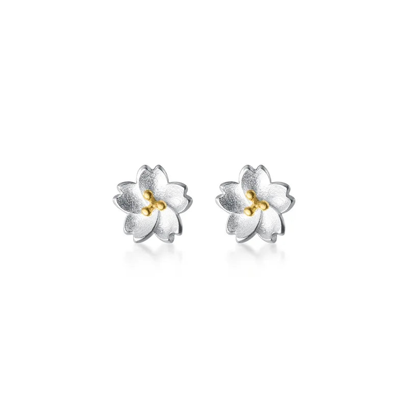 Trendy Cute Sakura Flower Shape Earings Small 925 Sterling Silver Ear Studs Earrings Fashion Jewelry for Women