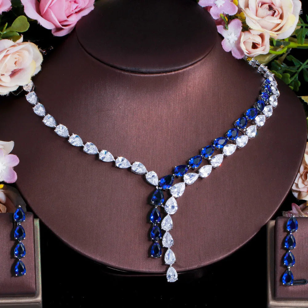 Luxury Platinum Plated Vintage Two-color Stitching Drop Zircon Jewelry Set Necklace Earrings for Wedding