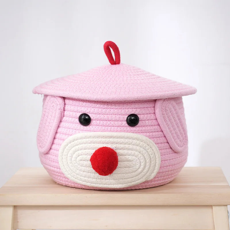 Y-Z Pink Bear Cotton Rope Woven Storage Basket with Cover Creative Storage Bucket Cosmetics Storage Basket