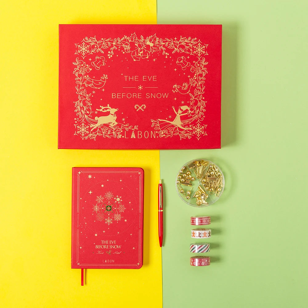 LABON New Design A5 Green Christmas Gift Set Box With Gold Foil Notebook Pen Tape Clips