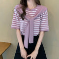 Wholesale Korean Sweater Knit Tops Women Round Neck Girls Striped Short Sleeve With a Shawl Lady Clothes Casual Knitwear