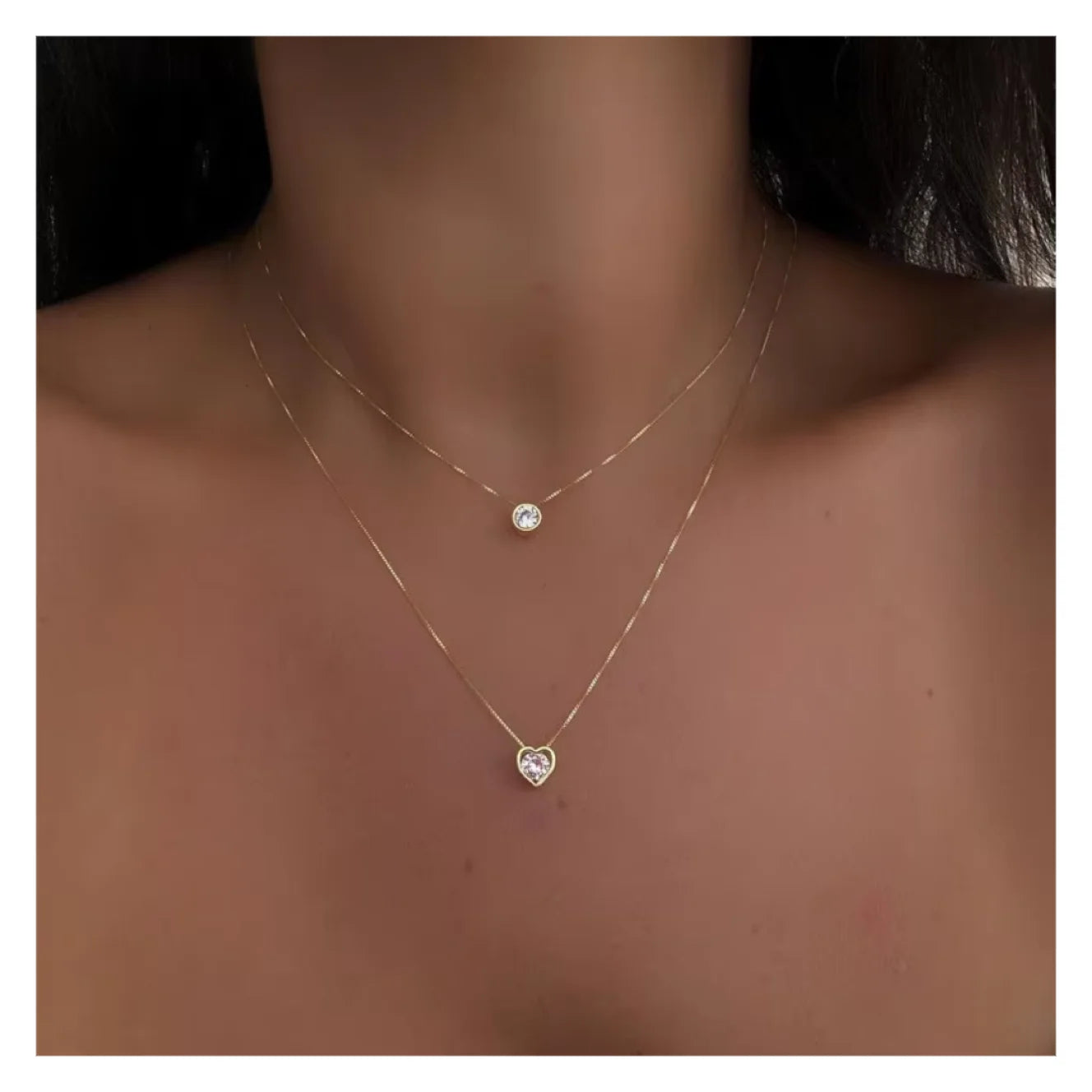 Hot Sale Gold Plated Double Layered Heart Diamond Pendant Necklace for Women