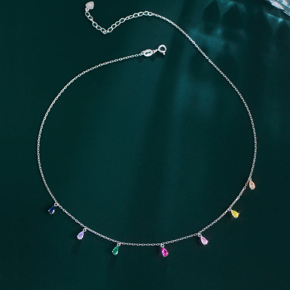 Chic Boho Colorful Water Drop Zircon Pendant Chain 925 Sterling Silver Necklace for Women Beach Vacations Birthdays Festivals
