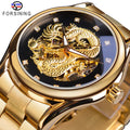 Forsining Watch Men's Skeleton Automatic Mechanical Watches 3D Carved Dragon Steel Band Wristwatch Luxury Sports Clock Relogio