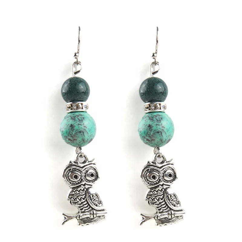 JH Wholesale Beautiful Women Jewelry Natural Stone Beads  Alloy Witch Wing  Turtle Owl Charm Earring