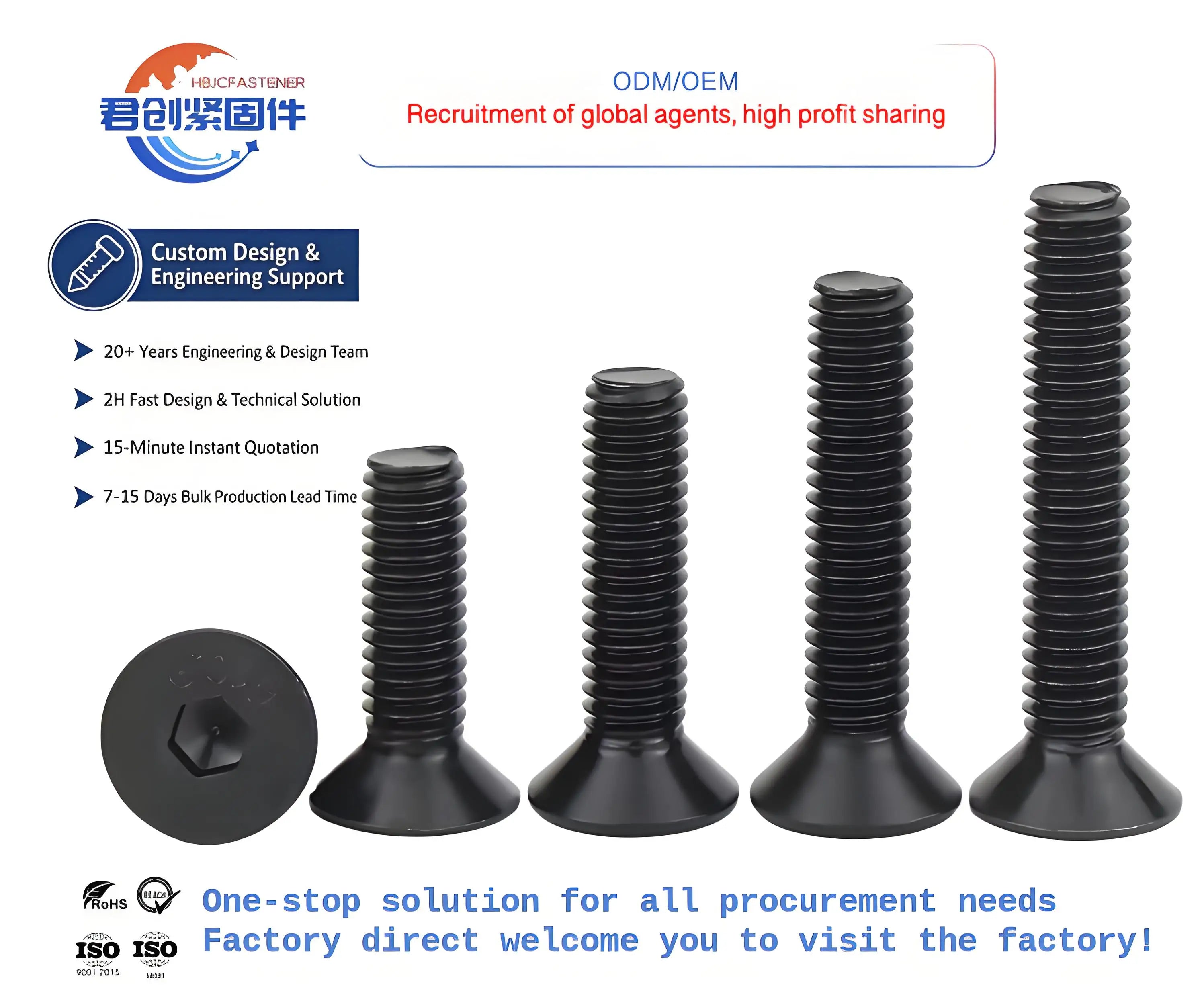 High Strength 10.9 Grade Black Flat Cup Hexagon Socket Steel Screws M4 M5 M6 Countersunk Din Standard Stainless Finish Bolts