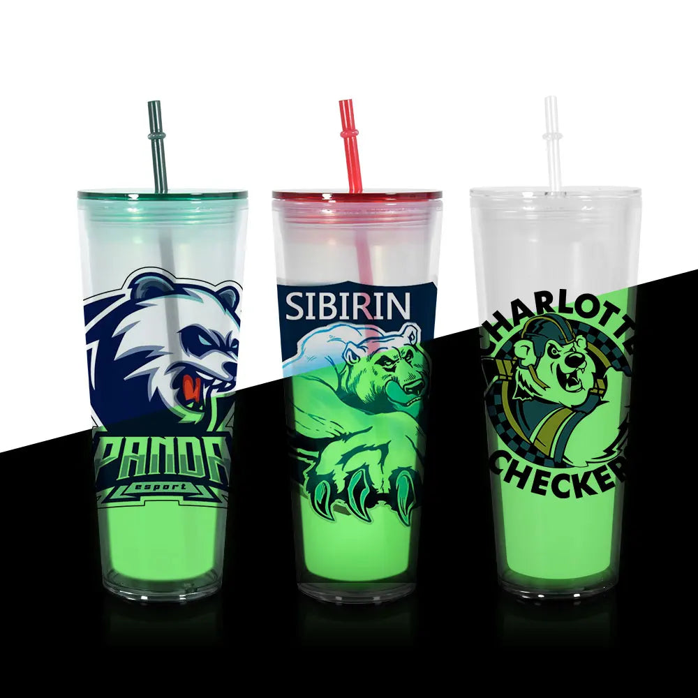 Custom logo 24oz Acrylic Glow in Dark Tumbler 24oz Plastic Noctilucent Tumblers with Straw
