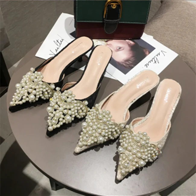 Babuches Femme De Qualite Heel Sandals Big Size 5 CM Heel Shoes Pearl Decoration Sexy Pumps Women Dress Shoes