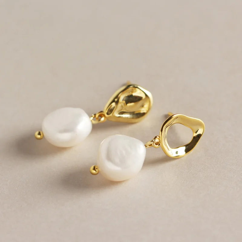 YHE096 925 Sterling Silver Earrings Wholesale Gold Plated Earrings Asymmetric Earrings Baroque Pearl Jewelry for Women