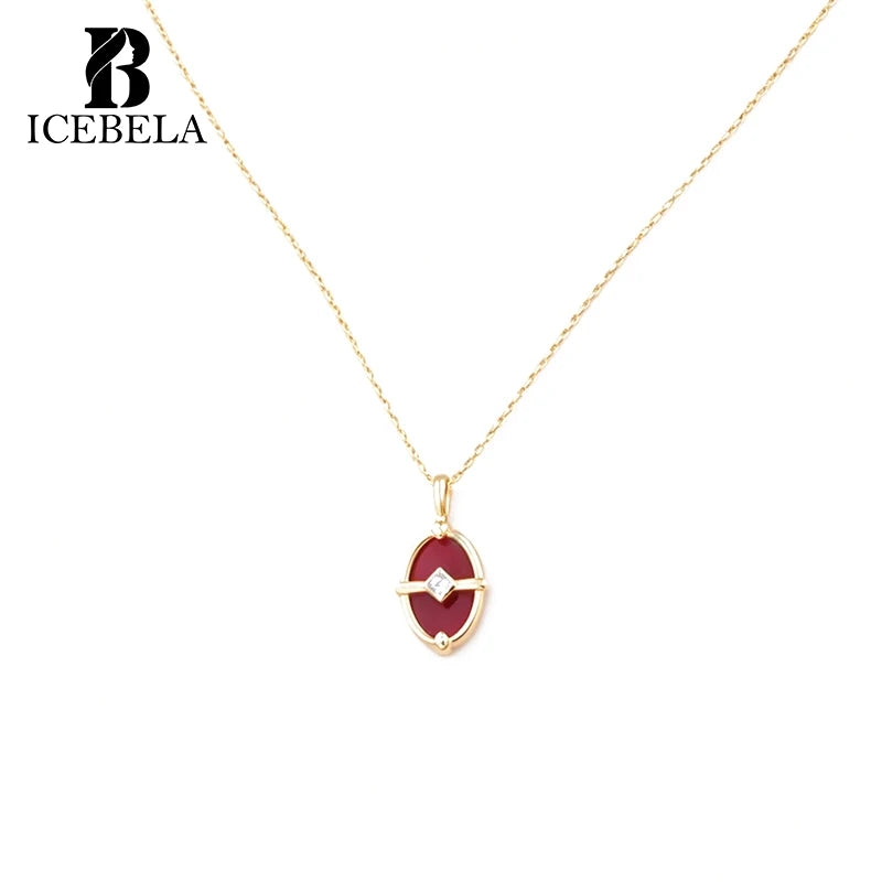 Elegant and Luxurious S925 Sterling Silver 18K Gold-plated Sea Wave Stone or Red Agate Oval Pendant Zircon Necklace for Women
