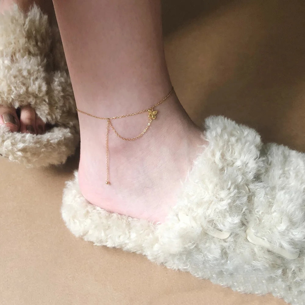 INS Stainless Steel 18K Gold Plated Smart Fringe Mini Butterfly Chain Anklet Summer Beach Waterproof Foot Jewelry Gift