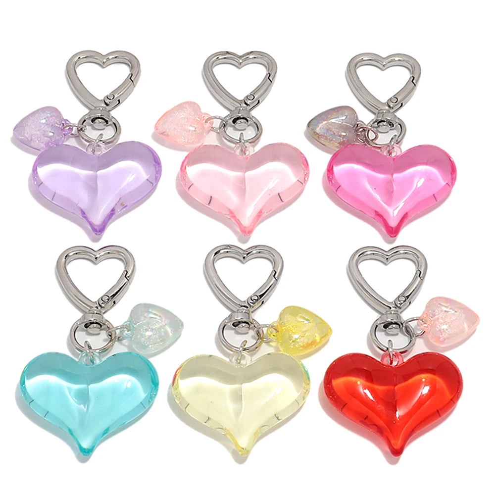 Cheap Cute Bag Pendant Zinc Alloy Accessories Sweet Heart Charms Jewelry Acrylic Transparent Colored Laser Heart Keychain Gift