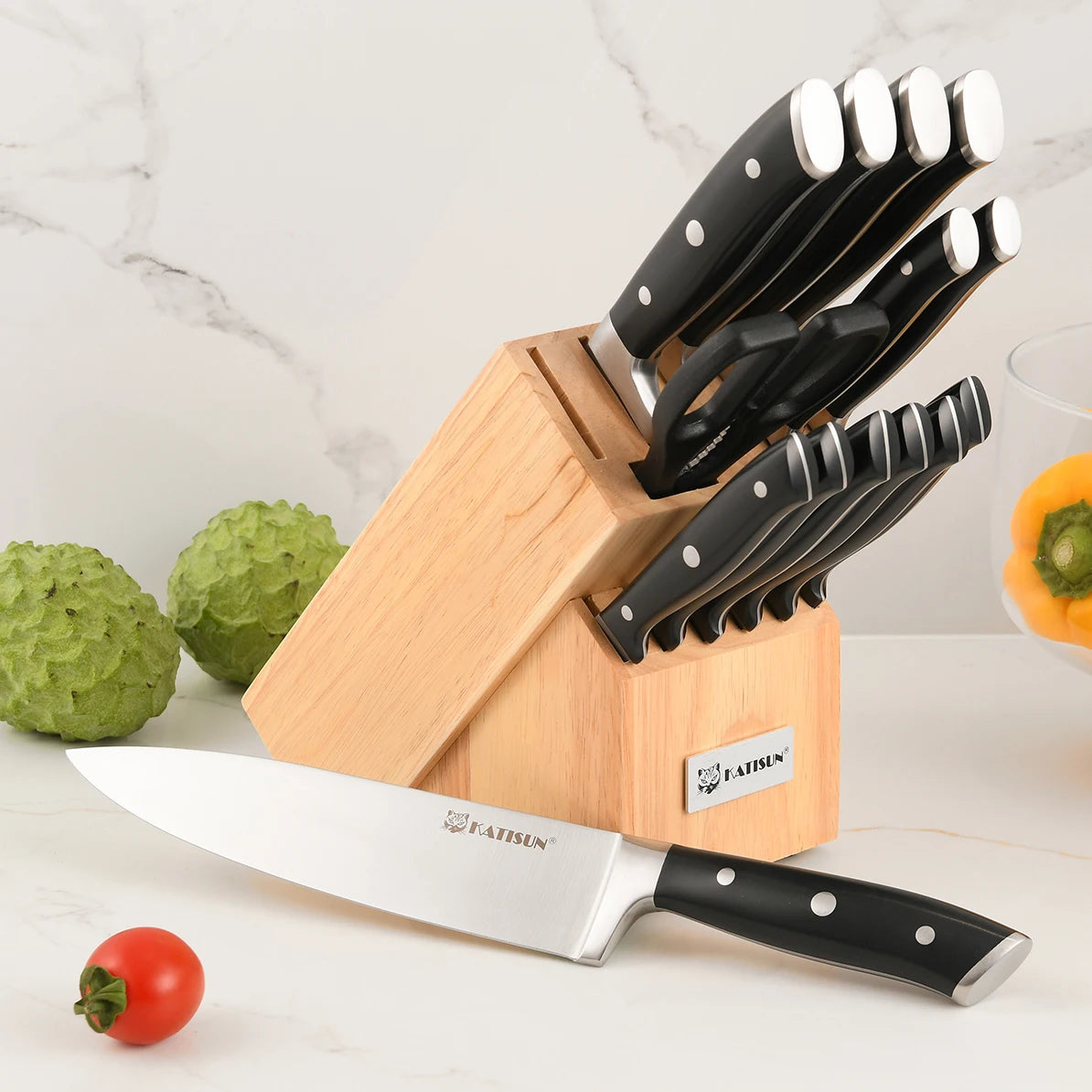 15Pcs Luxury Carbon Steel Kitchen Knife Set with Real Wooden Stand Sharpener Kitchen Scissors
