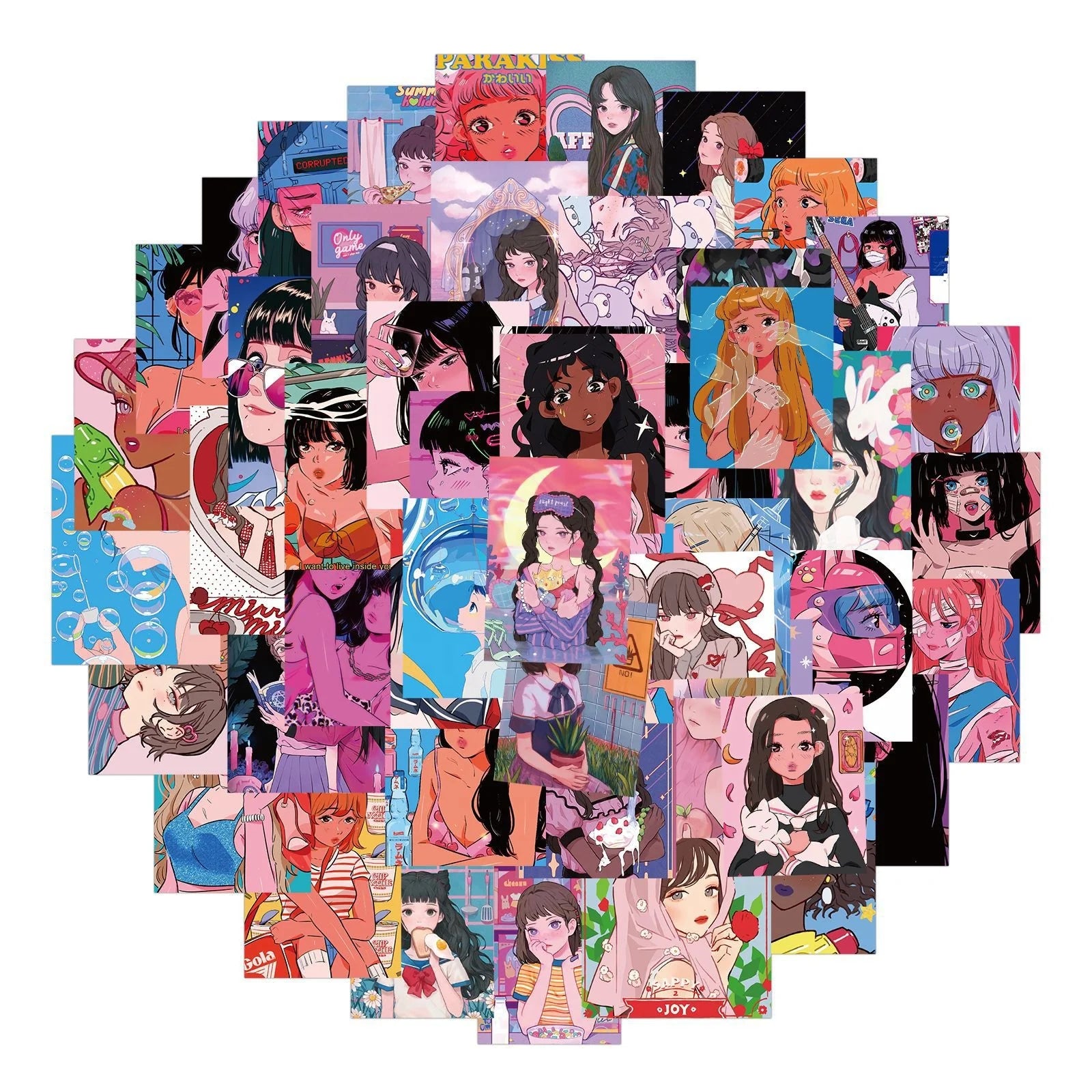 50Pcs Lovely Pink Girl Cartoon Illustration Poster Sticker for Notebook Water Bottle Luggage Laptop Vinyl Decor Anime Stickers