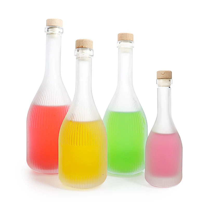 Wholesale Empty Frosted Glass Fruit Wine Juice Bottle with Cork 100ml 250ml 350ml 500ml