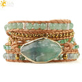 CSJA Fashion Leather Bracelet Handmade Natural Green Aventurine Stone Crystal Charm 5 Strands Wrap Bracelets Boho Jewelry G118