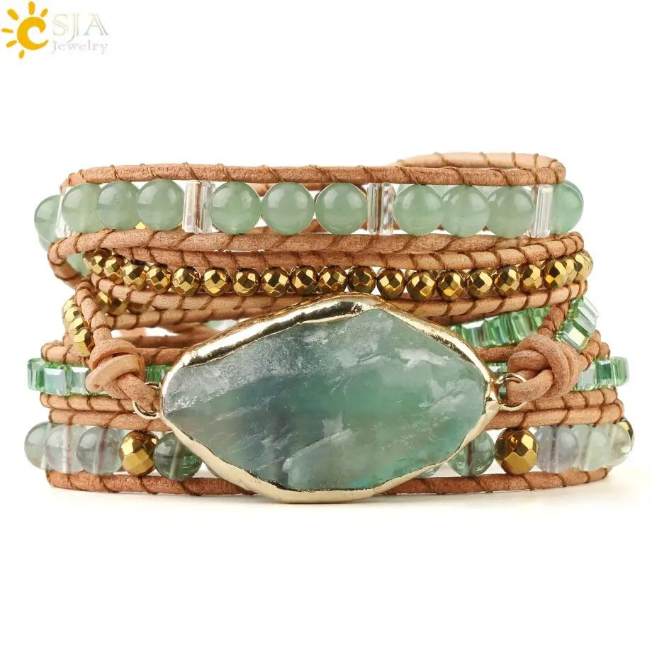 CSJA Fashion Leather Bracelet Handmade Natural Green Aventurine Stone Crystal Charm 5 Strands Wrap Bracelets Boho Jewelry G118