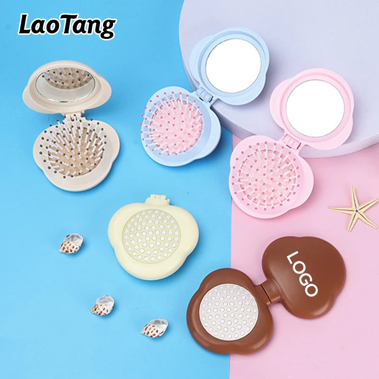 Custom Logo Foldable Mini Folding Hair Brush with Cushion Paddle for Wet Pocket Detangle Makeup Mirror for Travel