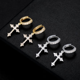 Women Men Silver Gold CZ Dangle Religious Cross Hoop Huggie Earrings Cubic Zirconia Cross Drop Earrings for Girl Boy