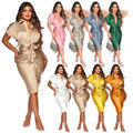 Fangxin Yiwu Factory Summer Short Sleeve Dresses 2022 Woman Bandage Satin Shirt Dress