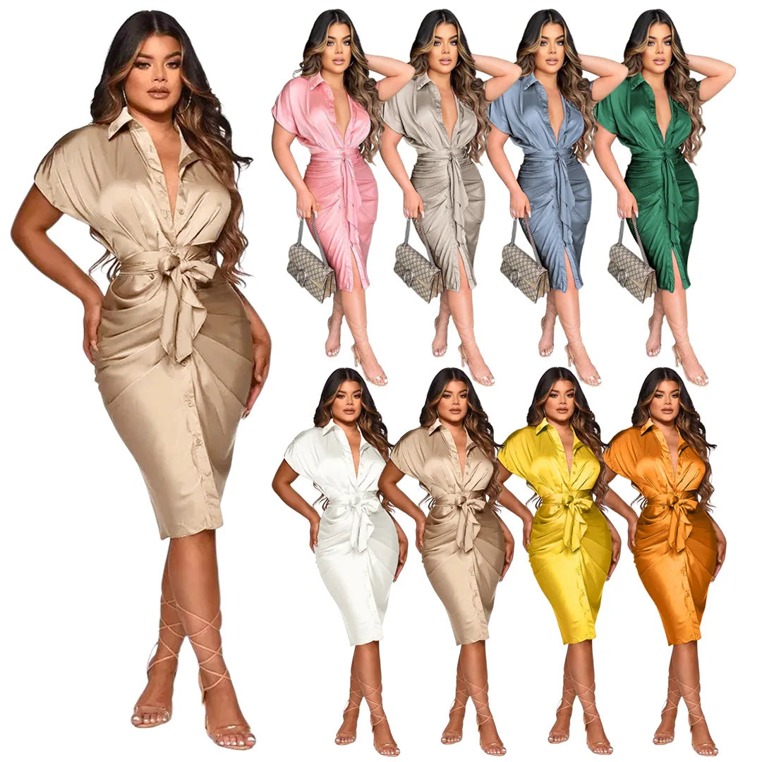 Fangxin Yiwu Factory Summer Short Sleeve Dresses 2022 Woman Bandage Satin Shirt Dress