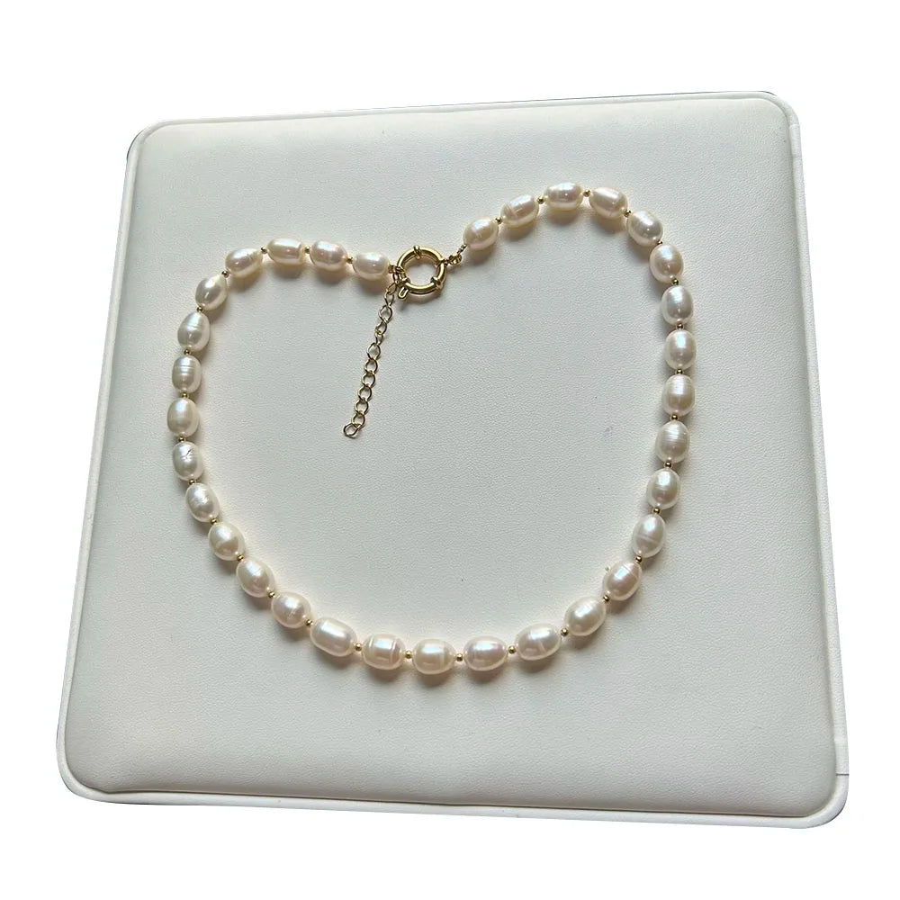 35-50 cm Natural Pearls Choker Necklace With Stainless Steel Pvd 18 Gold Plating Metal Waterproof 7.3-8.3 mm Rice Pearl Durable