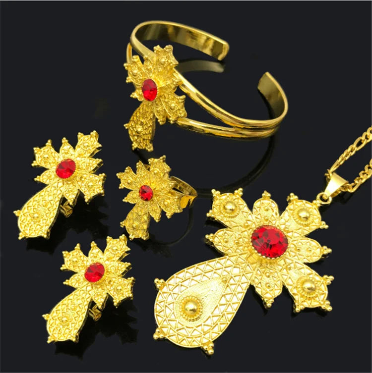 Hot Selling Engagement Anniversary 18K Gold Plated Four Piece Necklace Bracelet Earring Ring Jewelry Set