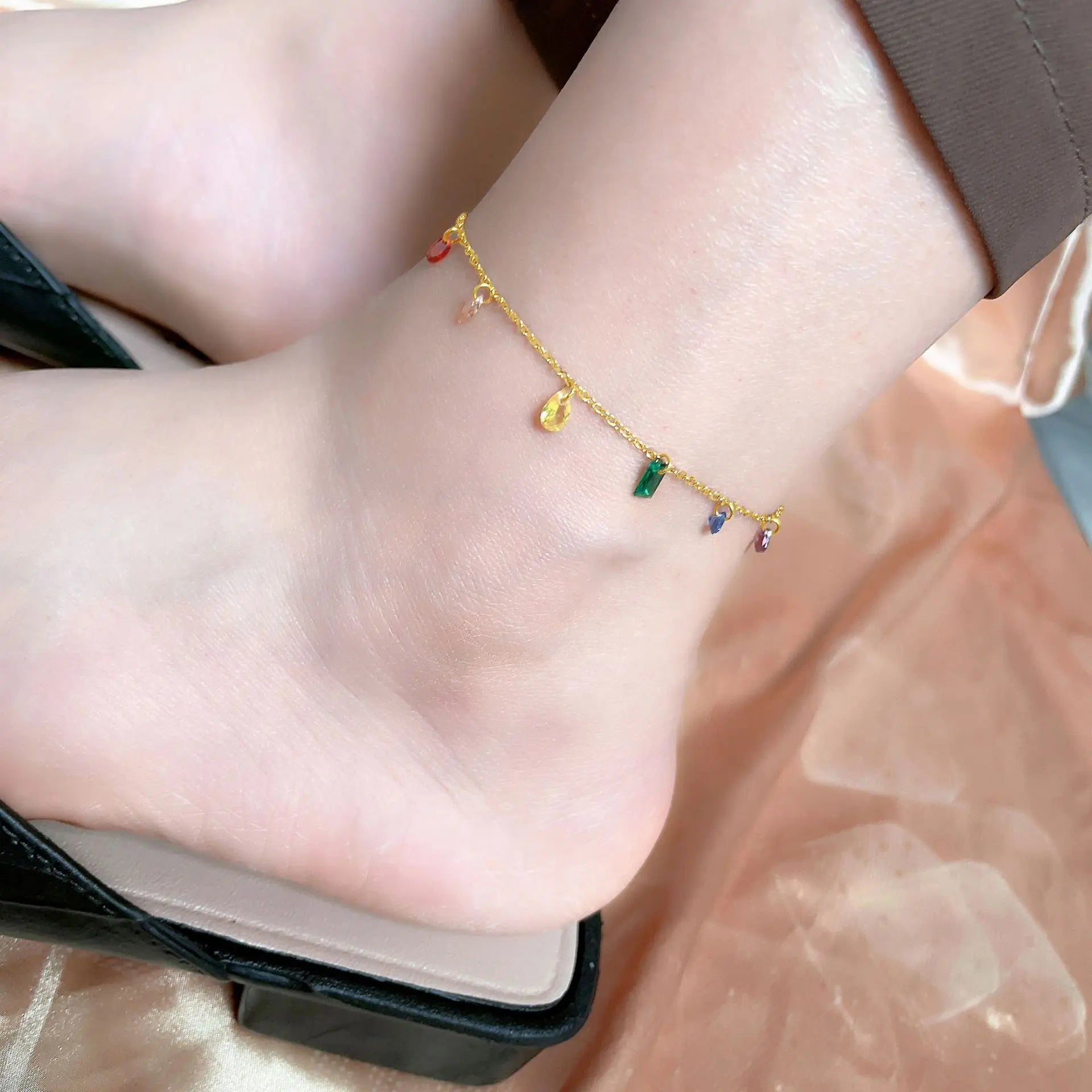 Bohemian Colored Zircon Ethnic Style Adjustable Length Anklets Fashion Stainless Steel Anklet With Zircon Pendant