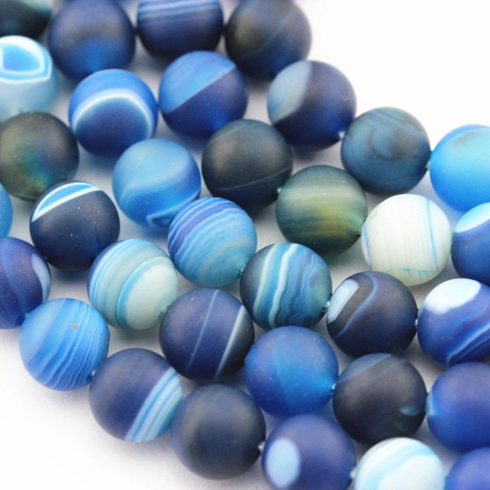 Wholesale 2.0 mm Large Hole Blue Stripe Agate 8mm 10mm Matte Round Beads for Jewelry Bracelet Necklace Making