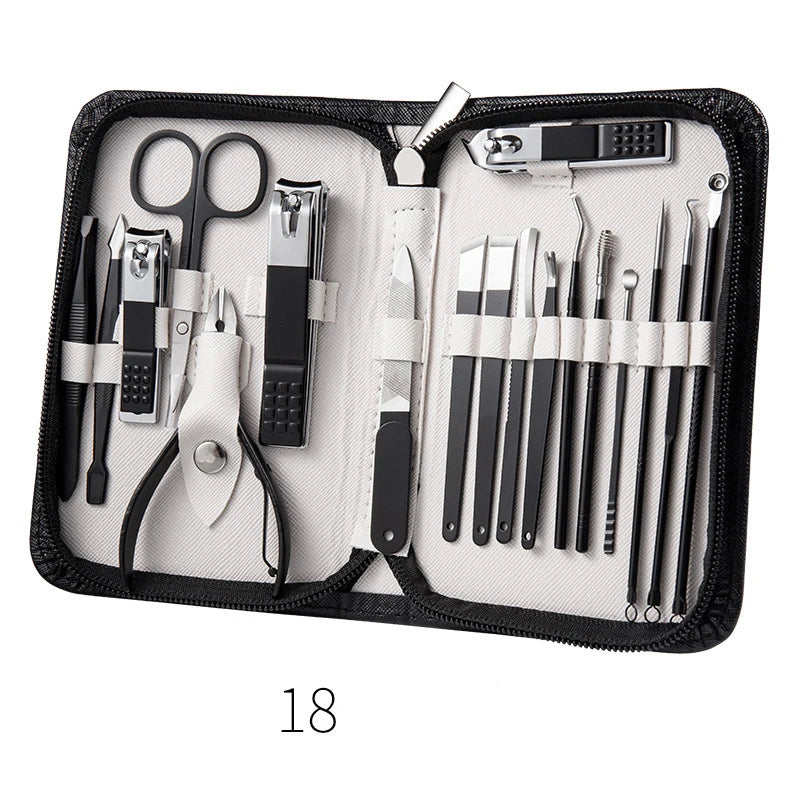 9or18Pcs in 1 Stainless Steel Professional Pedicure Kit Nail Scissors Grooming Kit Nail Clippers with Black Leather Case